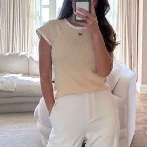 J CREW Women's L Beige Cropped Cap-Sleeve Sweater Babydoll in Raw Cashew Ribbed